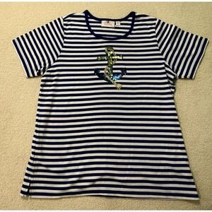 Quaker Factory Striped Anchor Sequin 3/4 Sleeve Shirt Nautical Beachy Womens M
